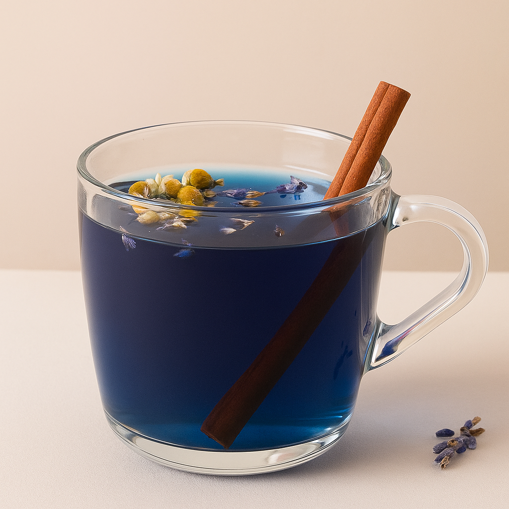 WarmHugs Blue Tea with Chamomile bedtime tea, calming caffeine-free blend that promotes restful sleep and relaxation with floral herbal notes.