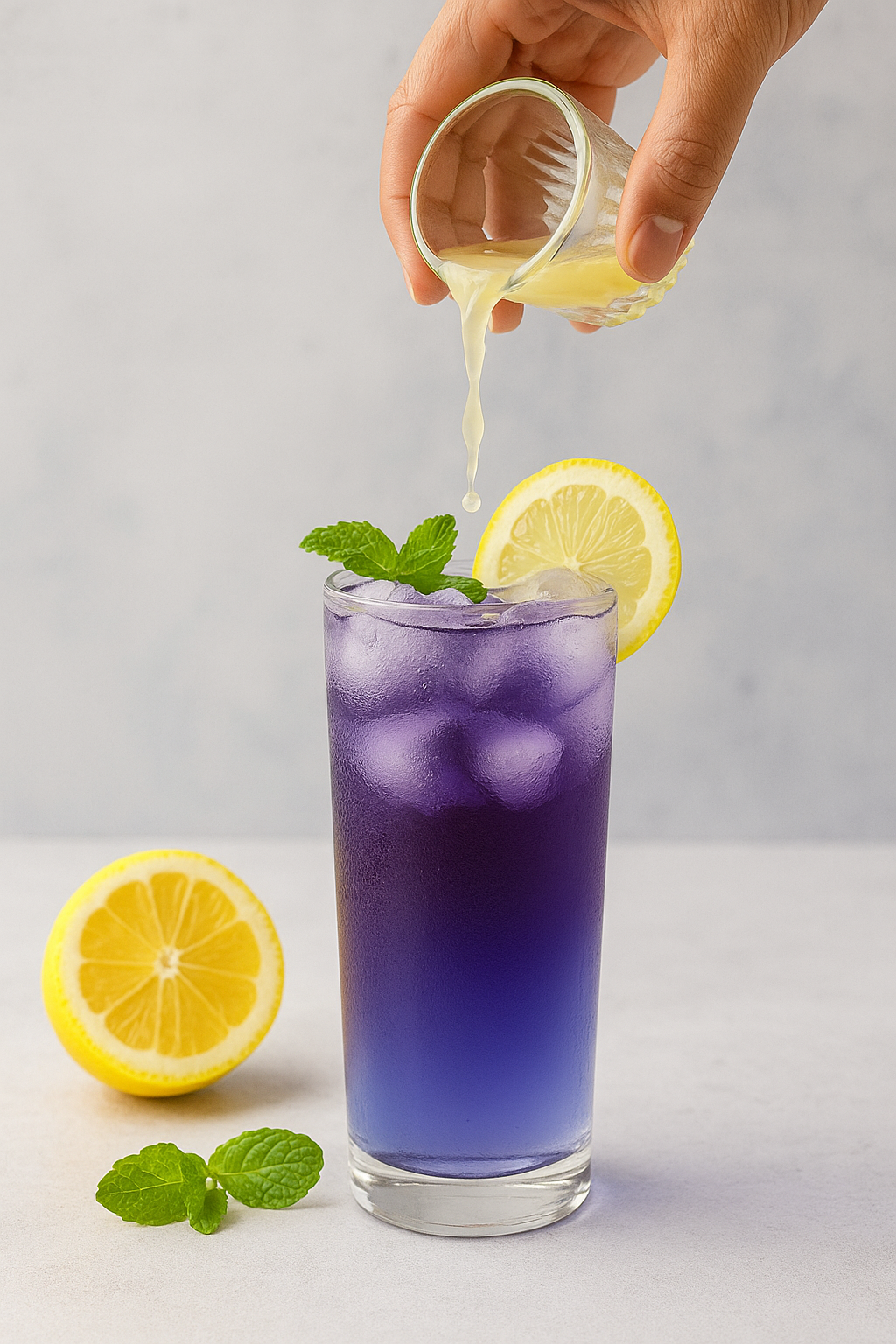 Color-changing butterfly pea iced lemonade made with WarmHugs blue tea and lemon, a refreshing, antioxidant-rich summer drink that turns from blue to purple.